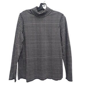 Chicos Womens Houndstooth Mock Neck Top Size Medium Black White Long Sleeve